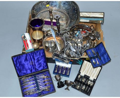 A BOX OF SILVER PLATE AND STAINLESS STEEL, etc, including cased and loose cutlery and flatware, trays, trophy cups, candlesti