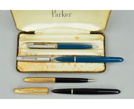 A CASED PARKER 61 FOUNTAIN AND PENCIL SET, in black and gold plate and a Parker 51 founaing and pencil set in Jade and Luster