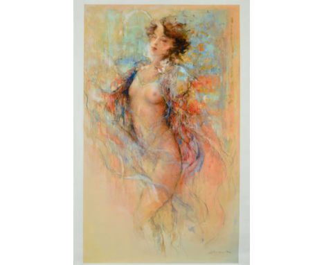 GARY BENFIELD (BRITISH 1965) 'AUTUMN EVENING', a limited edition print on canvas of a scantily clad woman 22/100, signed and 