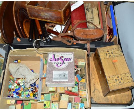 TWO BOXES AND LOOSE SUNDRY ITEMS, to include cased pair of W.Watson & Sons military issue binoculars dated 1916, assorted tre