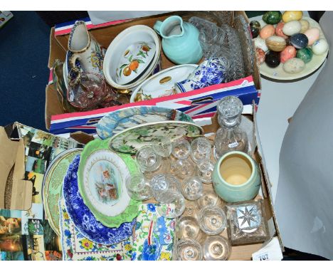 TWO BOXES AND LOOSE CERAMICS, GLASS, HARDSTONE EGGS AND STAND ETC, to include Masons, Radford, cut glass decanters etc