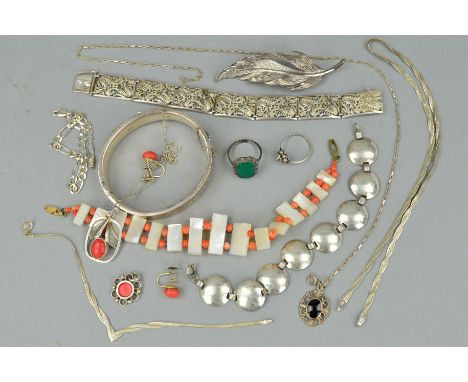 A SELECTION OF JEWELLERY, to include a pair of coral earrings and a pendant set with a coral cabochon, a mother of pearl and 