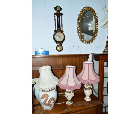 A MODERN ANEROID BAROMETER, a pair of ceramic table lamps with shades, and Oriental style table lamp, a wall mirror and a dre