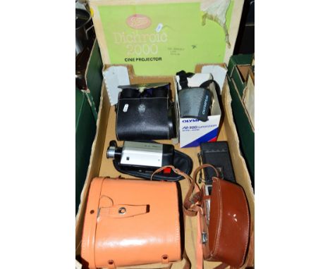 A BOX OF CAMERAS, PROJECTOR, BINOCULARS ETC, to include Bell & Howell 8mm, Olympus super zoom, Telstar binoculars 20x50, Tasc