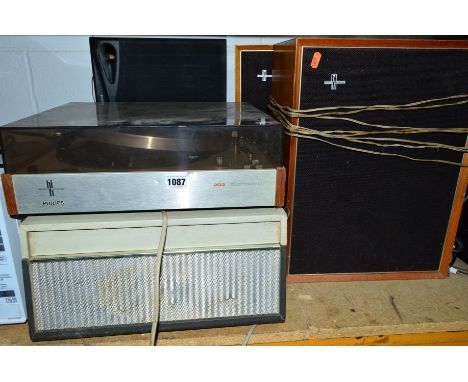 A VINTAGE PHILIPS 202 RECORD PLAYER, with two matching speakers, an Elizabethan reel to reel player and a pair of Philips spe