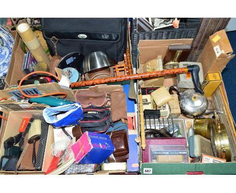THREE BOXES AND LOOSE SUNDRY ITEMS, to include cameras, tools, metalware, coins, cutlery, snooker balls, electrical items etc