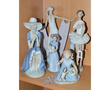 FIVE VARIOUS LLADRO, NAO AND NADAL FIGURES, to include Lladro 'En Pointe' ballerina No6371, 'Grand Dame' No1568 (finger and s