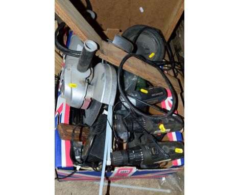 A TRAY OF POWER TOOLS, including cordless drills, corded angle grinder, etc