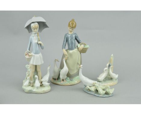 THREE LLADRO FIGURES, to include 'On the Farm' (girl feeding ducks), girl with umbrella and ducks No4510 and 'Little Ducks af