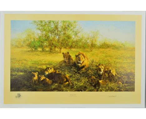 DAVID SHEPHERD (1931-2017), 'FIRST LIGHT AT SAVUTI', a limited print 534/1500 of a Pride of Lions at Dawn, signed and numbere