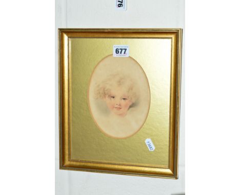 AN EDWARDIAN PORTRAIT PICTURE, watercolour, young child, framed and oval mounted, approximate size 16cm x 12cm