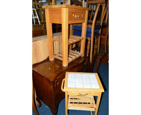 A LIGHT OAK KITCHEN UNIT, with a single drawer and two shelf undertier, a kitchen trolley and a cane seated chair (3)