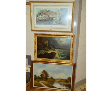 TWO OIL PAINTINGS AND AN ERIC STURGEON PRINT, 'Yorkshire Coast near Bridlington', oil on canvas, indistinctly signed lower ri