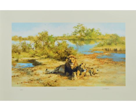 DAVID SHEPHERD (1931-2017) 'IN THE COOL OF THE EVENING', a limited edition print 119/350 of a family of lions, signed, titled
