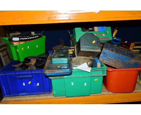 SIX PLASTIC AND TWO CARDBOARD BOXES AND LOOSE OF MISCELLANEOUS, to include car jacks, two spanner sets, two metal tool boxes 