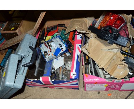 TWO TRAYS OF TOOLS, car parts and electrical parts and a socket set, etc (4)