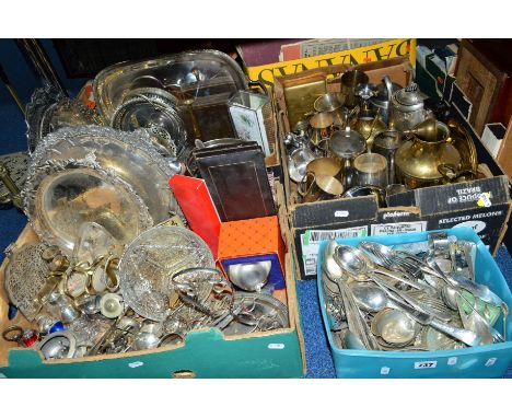 FOUR BOXES AND LOOSE METALWARES, to include silver plated salvers, tea pots, cruet items and flatware, etc
