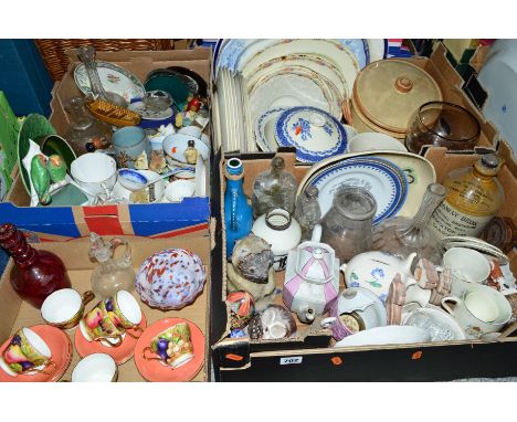 FOUR BOXES OF CERAMICS, GLASS, STONEWARE ETC, to include six Aynsley 'Orchard Gold' by N.Brunt coffee cups/saucers, stoneware