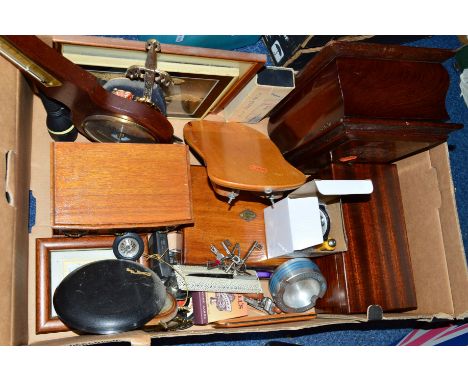 A BOX OF SUNDRY ITEMS, to include wooden jewellery boxes, a barometer and pictures, etc