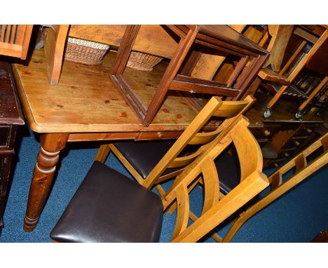 A SET OF FIVE LIGHT OAK CHAIRS, including one carver, together with a pine refectory table, approximate size width 160cm x de