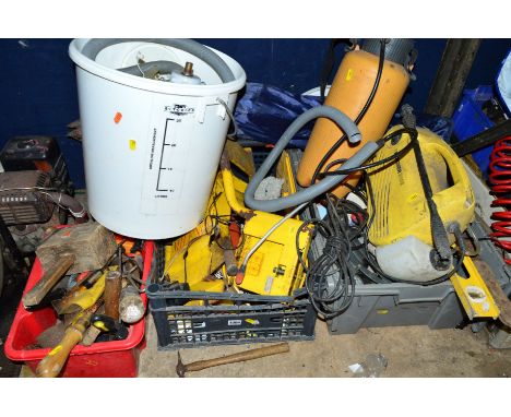 THREE TRAYS PLUS LOOSE HAND AND GARDEN TOOLS, including a Karcher B102 pressure washer (no lance), wheel clamps, theodolite t