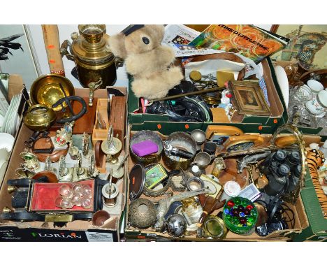 THREE BOXES AND LOOSE SUNDRY ITEMS, to include Ranger binoculars, Samsung phones, metalwares, trophies, didgeridoo, a cased B