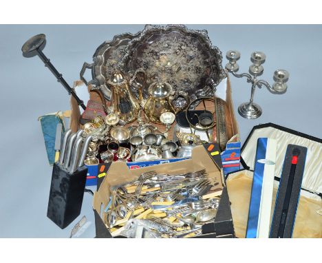 TWO BOXES OF SILVER PLATED WARES, etc, including tea wares, trays, napkin rings, flatware, etc, and a pair of modern silver n