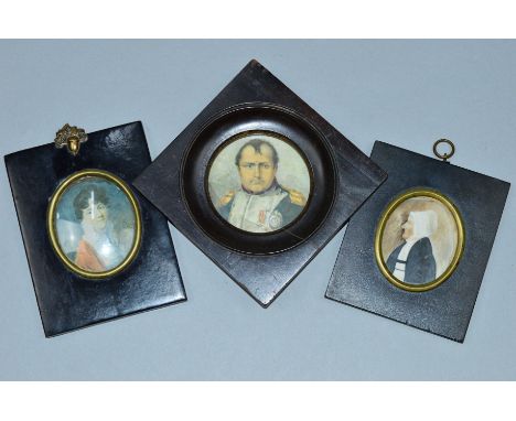 A PORTRAIT MINIATURE WATERCOLOPUR OF ELDERLY LADY, and two miniature portrait prints
