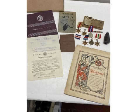 A selection of military ephemera including, military issue jack knife, WW2 medals awarded to a Mr B Pinder and a WW1 medal aw