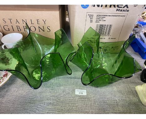 A pair of green glass handkerchief bowls,  shipping unavailable 