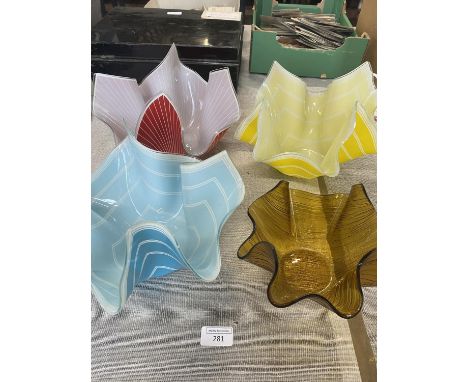Four assorted coloured handkerchief vases,  shipping unavailable 