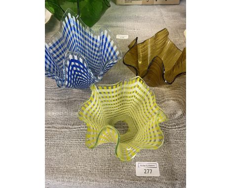 Three assorted coloured handkerchief bowls,  shipping unavailable 