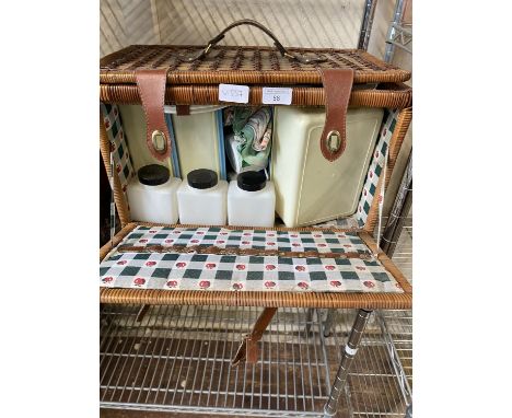 A vintage mid century picnic hamper and contents, shipping unavailable 