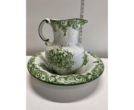 A antique green and white jug and basin set, shipping unavailable 
