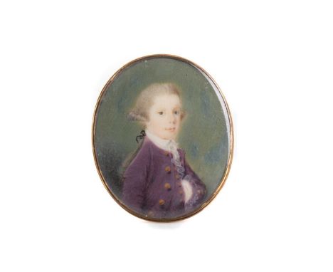 GEORGE II PORTRAIT MINIATURE OF A YOUNG GENTLEMAN MID-18TH CENTURY watercolour on ivory, in glazed gold plated surroundThis l