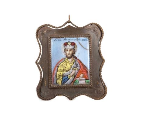 RUSSIAN IMPERIAL ENAMEL ICON LATE 19TH CENTURY likely depicting St. Paul, with Cyrilic inscription, in lobed metal frame surr