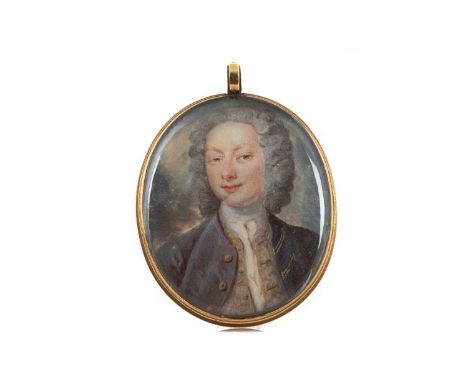 GEORGE II PORTRAIT MINIATURE OF A GENTLEMAN CIRCA 1735 watercolour on ivory, in glazed gold plated surround with scroll engra