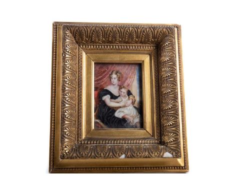 AFTER SIR JOSHUA REYNOLDS PRA, GEORGINA COUNTESS SPENCER AND HER DAUGHTER VICTORIAN PORTRAIT MINIATURE on ivory, framed and u