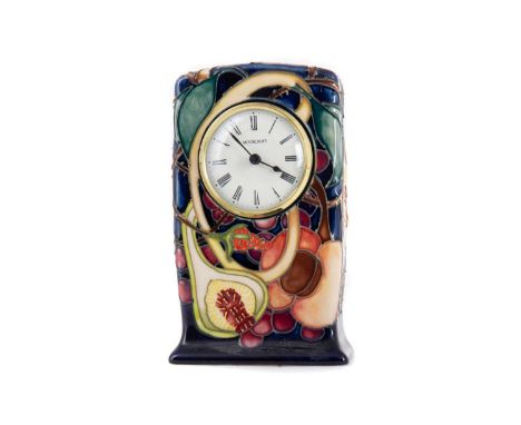 EMMA BOSSONS FOR MOORCROFT, 'QUEEN'S CHOICE' MANTEL CLOCK AND LAMP CONTEMPORARY each piece tube-lined with fruits and foliage