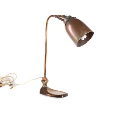 BRASS &amp; COPPER DESK LAMP EARLY 20TH CENTURY Rd No734123/4, on adjustable goose neck support, to dished weighted base52cm 