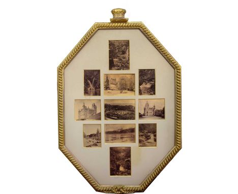SUTHERLAND FAMILY INTEREST, A MONTAGE OF SEPIA PHOTOGRAPHS DEPICTING THE FAMILY SEAT housed in a large and ornate gilt gesso 