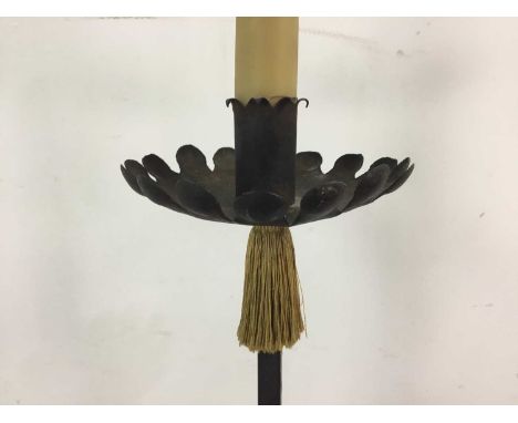VICTORIAN WROUGHT METAL TORCHERE CANDLESTICK of 17th Century design, the part spiral moulded column on a tripod base139cm hig