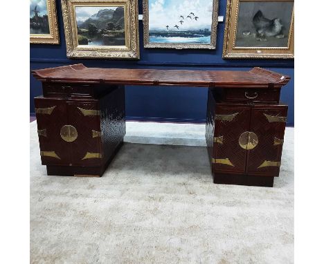 JAPANESE BAMBOO PARTNER'S DESK CIRCA MID-20TH CENTURY with all over chequered design and brass mounts, the raised top above s