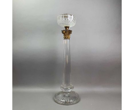 VICTORIAN BRASS AND CLEAR GLASS CORINTHIAN OIL LAMP LATE 19TH CENTURY with faceted cut reservoir over capital and tapered cyl