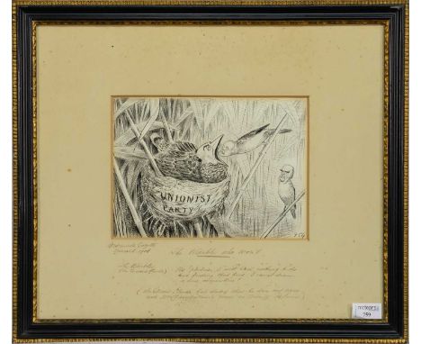 FRANCIS CARRUTHERS GOULD (BRITISH 1844-1925), The Warbler Who Won't ORIGINAL POLITICAL SATIRICAL CARTOON,pencil and ink on pa