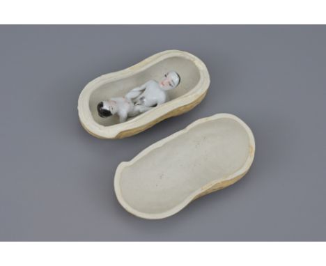 Vintage Chinese Porcelain Erotic Figures In Peanut Form Box and Cover. Width Approx. 9Cm.