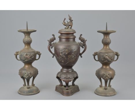 A Chinese Bronze Vase Together With Two Japanese Bronze Candle Stick Holders. Burners Height Approx. 30Cm (3)