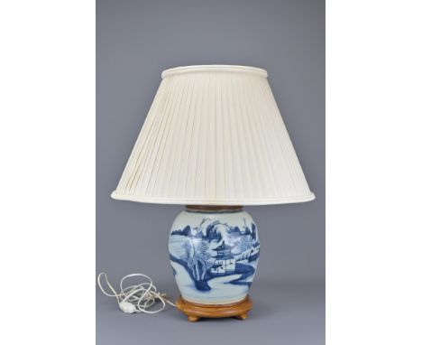 An 18Th Century Chinese Blue And White Porcelain Vase Converted Into A Lamp. Together With Pleated Shade. Vase Height Approx.