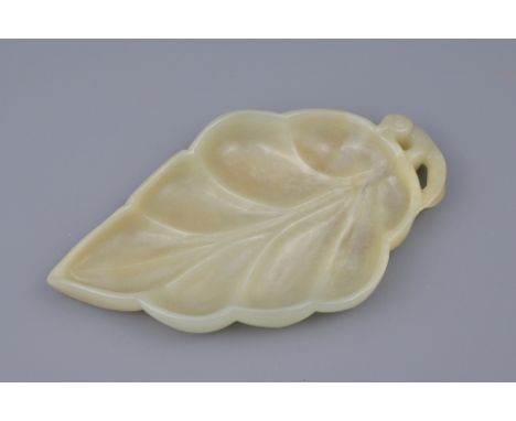 A Chinese Carved Pale Celadon Jade Brush Washer. In The Form Of A Leaf. Width Approx. 13Cm