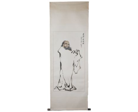 A Chinese Watercolour Painting Of Da Mo On A Scroll With A Red Seal. 48 X 90 Cm